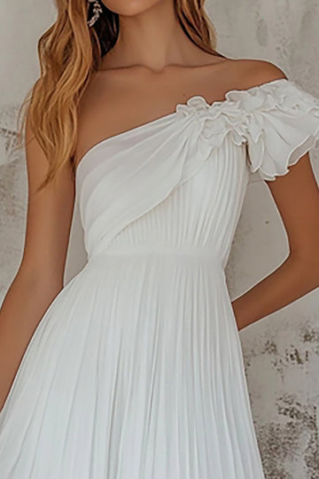 One Shoulder Pleated A Line Boho White Dress